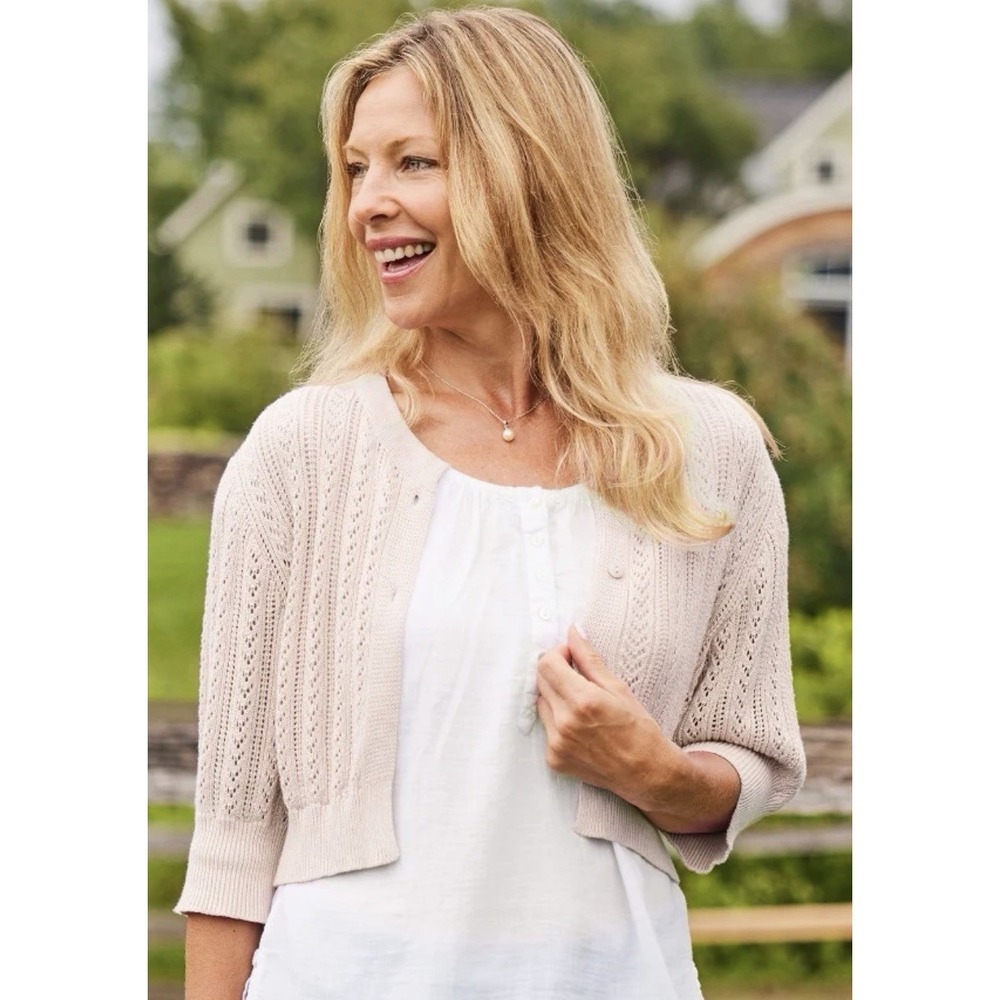 April Cornell M Memories Open Knit Cardigan Cropped Sweater Ecru Cream Cottage